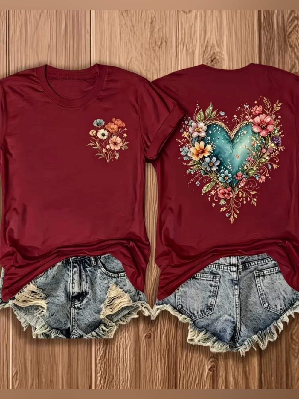 Boho Women’s Floral Heart Design T-shirt